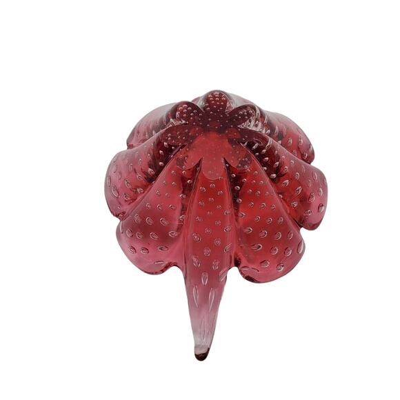 Small Murano Cranberry Art Glass Bowl Controlled Bubble Handle Dish Vintage Red - Picture 10 of 15